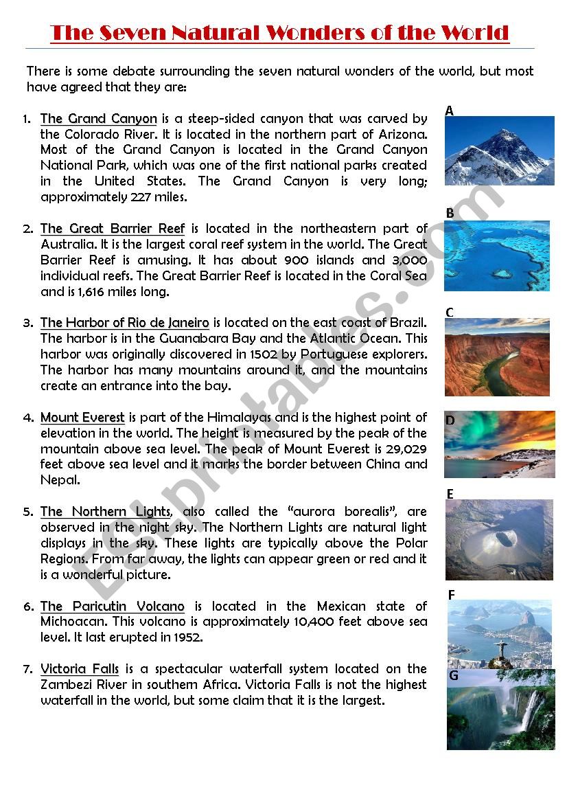 THE SEVEN NATURAL WONDERS  worksheet