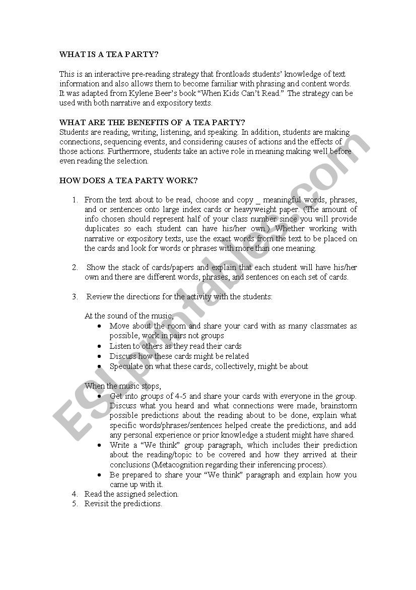 Tea party stages and process worksheet