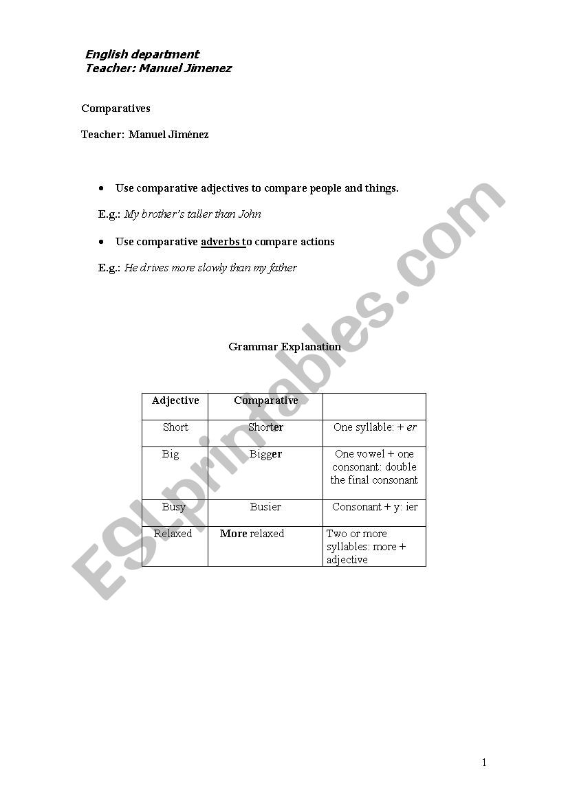 comparatives  worksheet