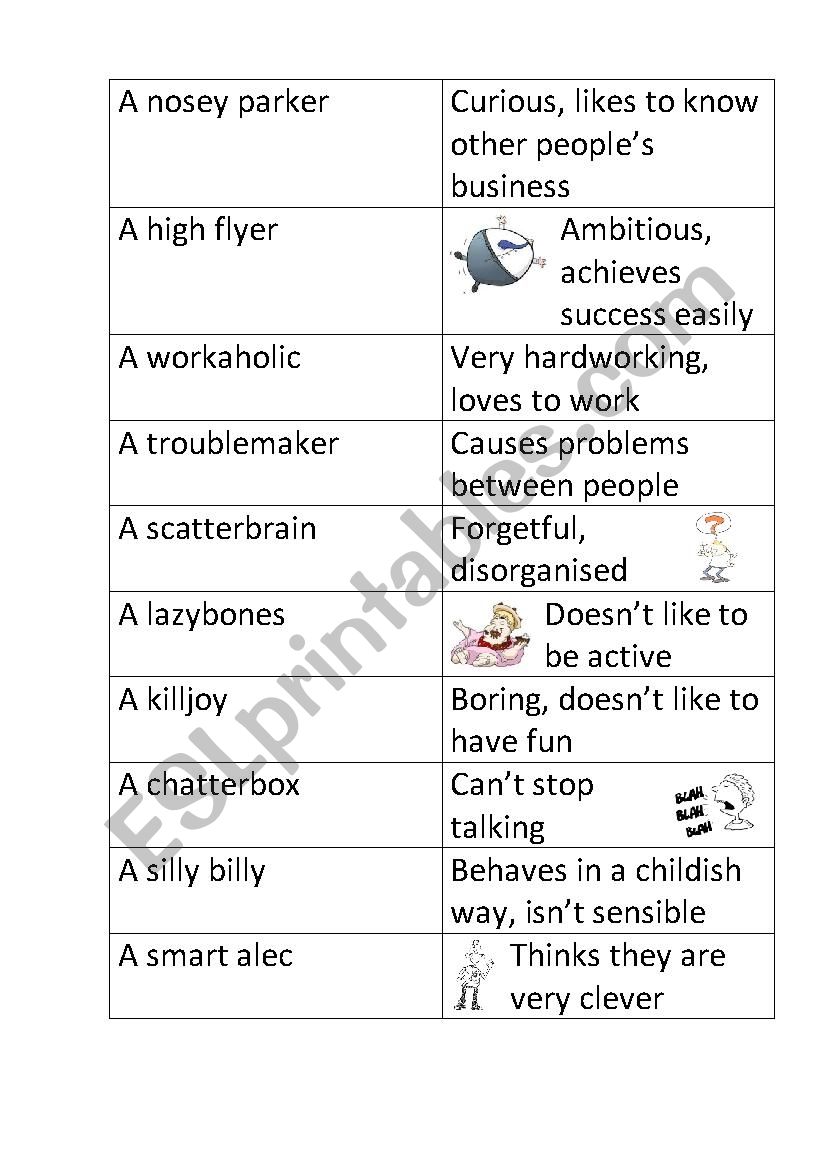 Personality idioms worksheet