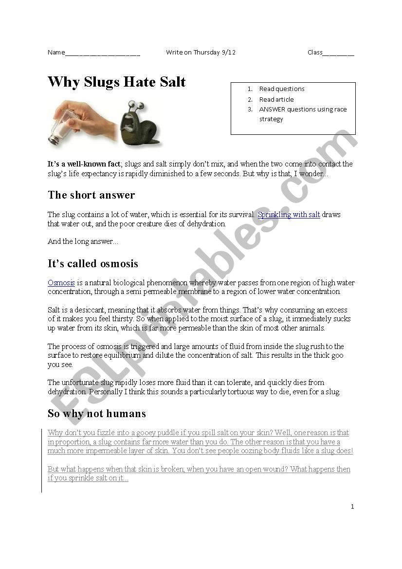 Why Slugs Don´t Like Salt worksheet
