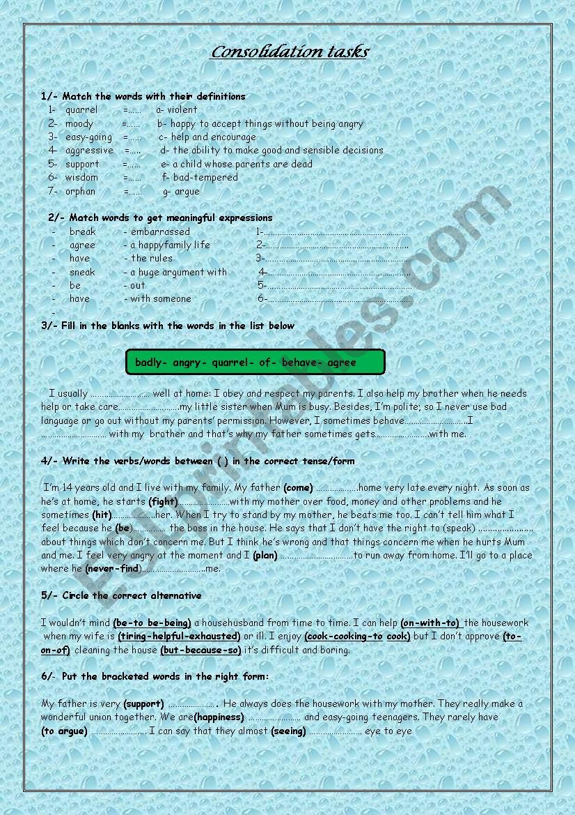 Consolidation Tasks worksheet