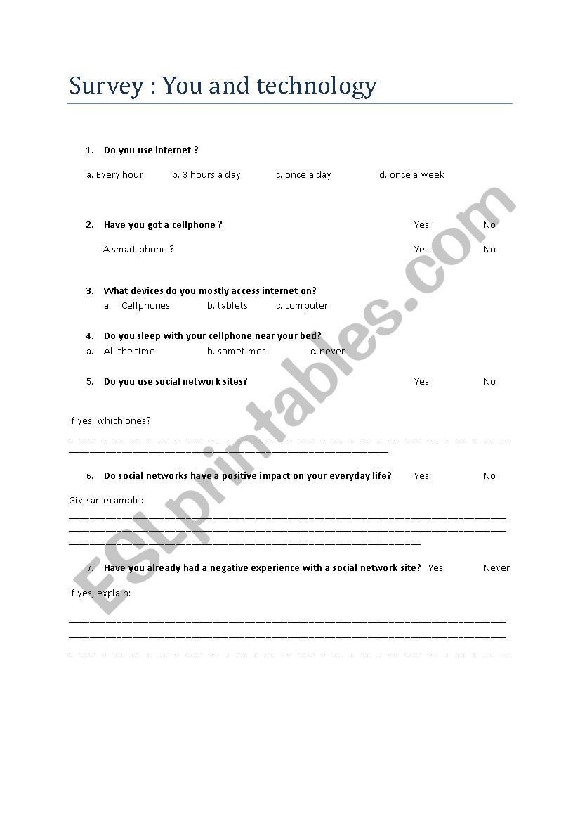 Survey about social media worksheet