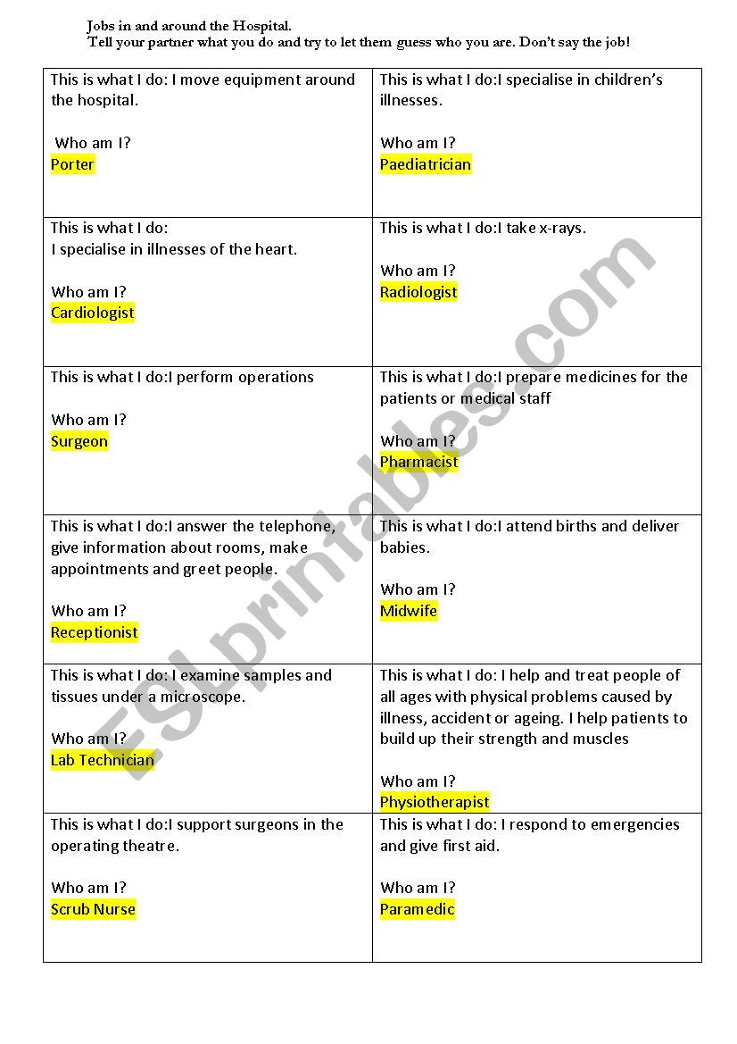 Hospital Jobs - pairwork oral work