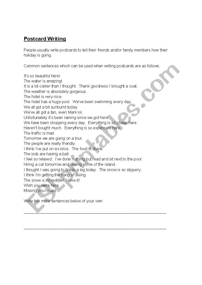 Postcards worksheet