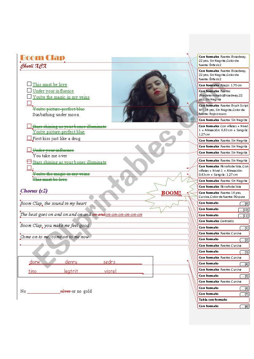 Boom clap by Charli XCX worksheet