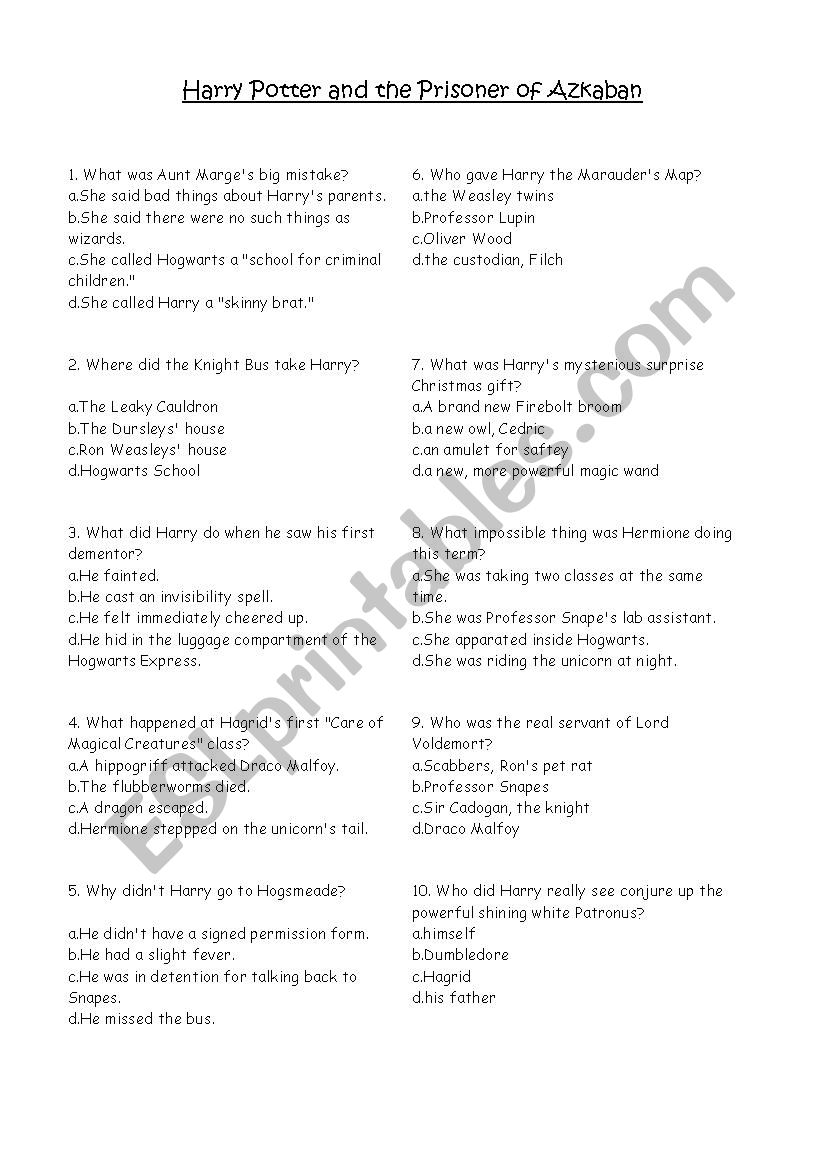 Harry Potter quiz worksheet