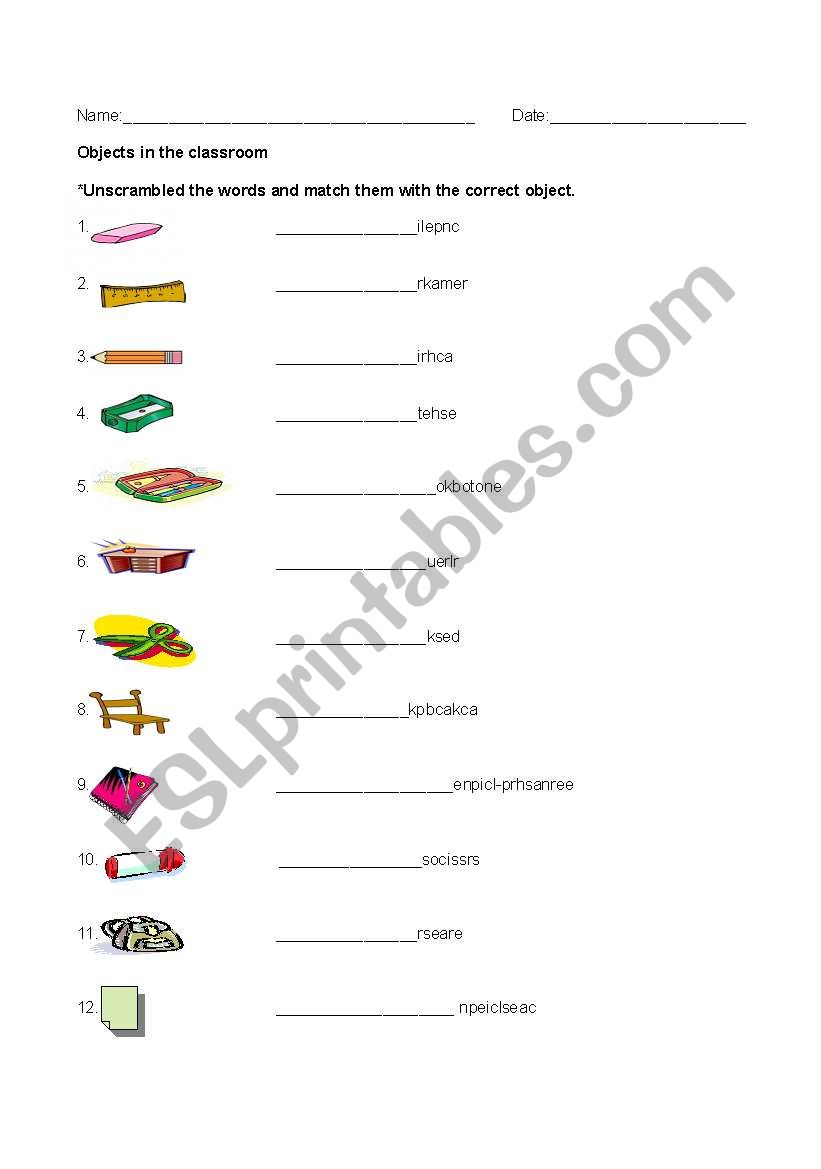 Classroom objects worksheet