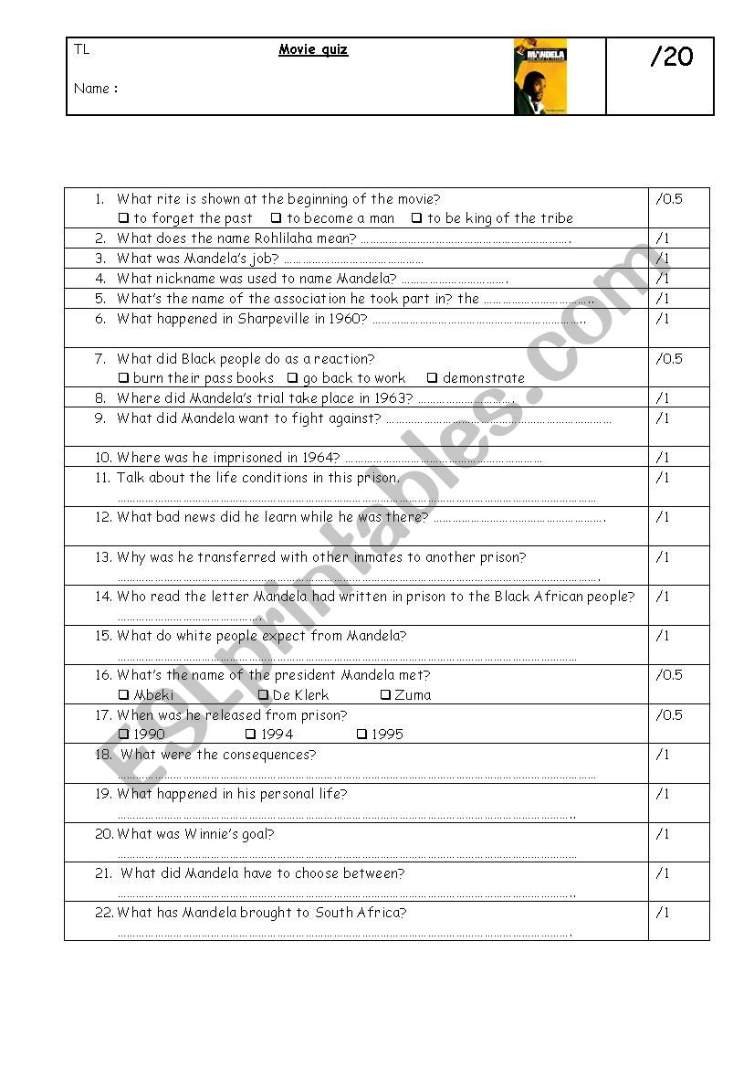 Long Walk to Freedom worksheet