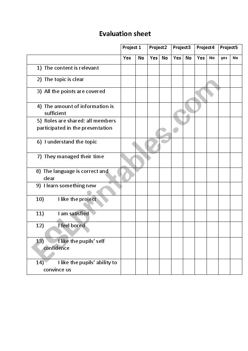 Evaluation sheet worksheet