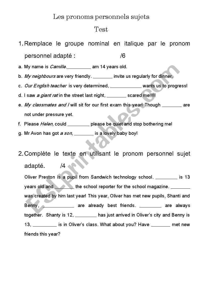 Test about personal pronouns worksheet