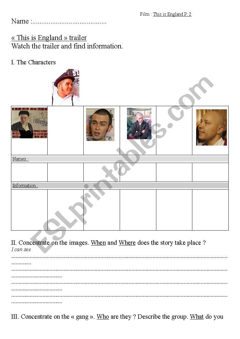 This is England Trailer worksheet