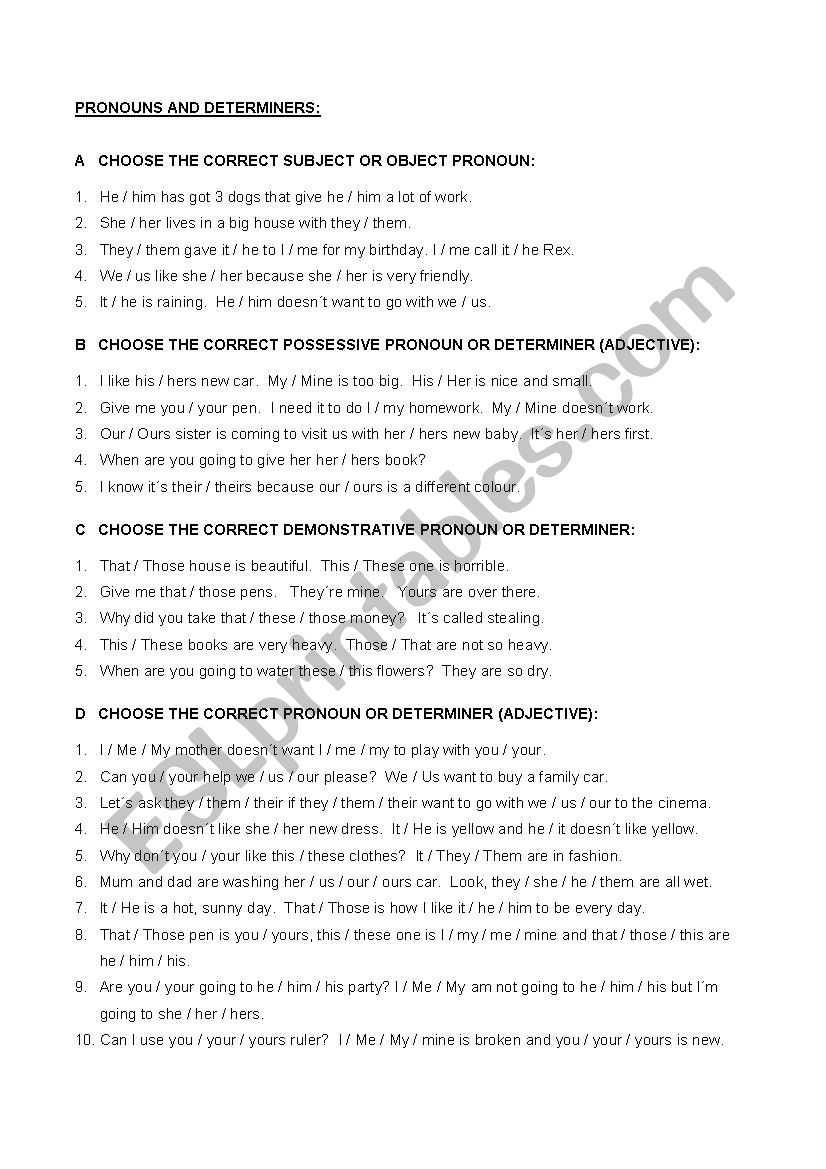 Pronouns and Determiners worksheet