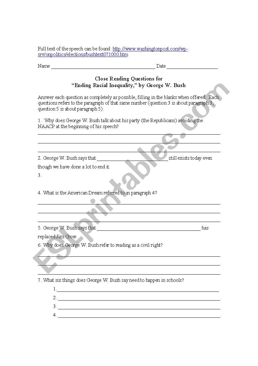 Close Reading Questions for George W Bush Speech 