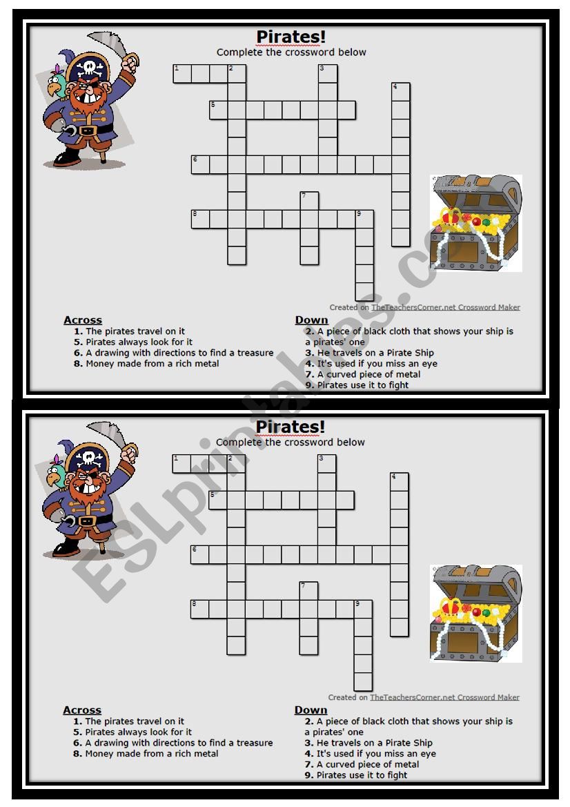 Pirates crosswoards worksheet