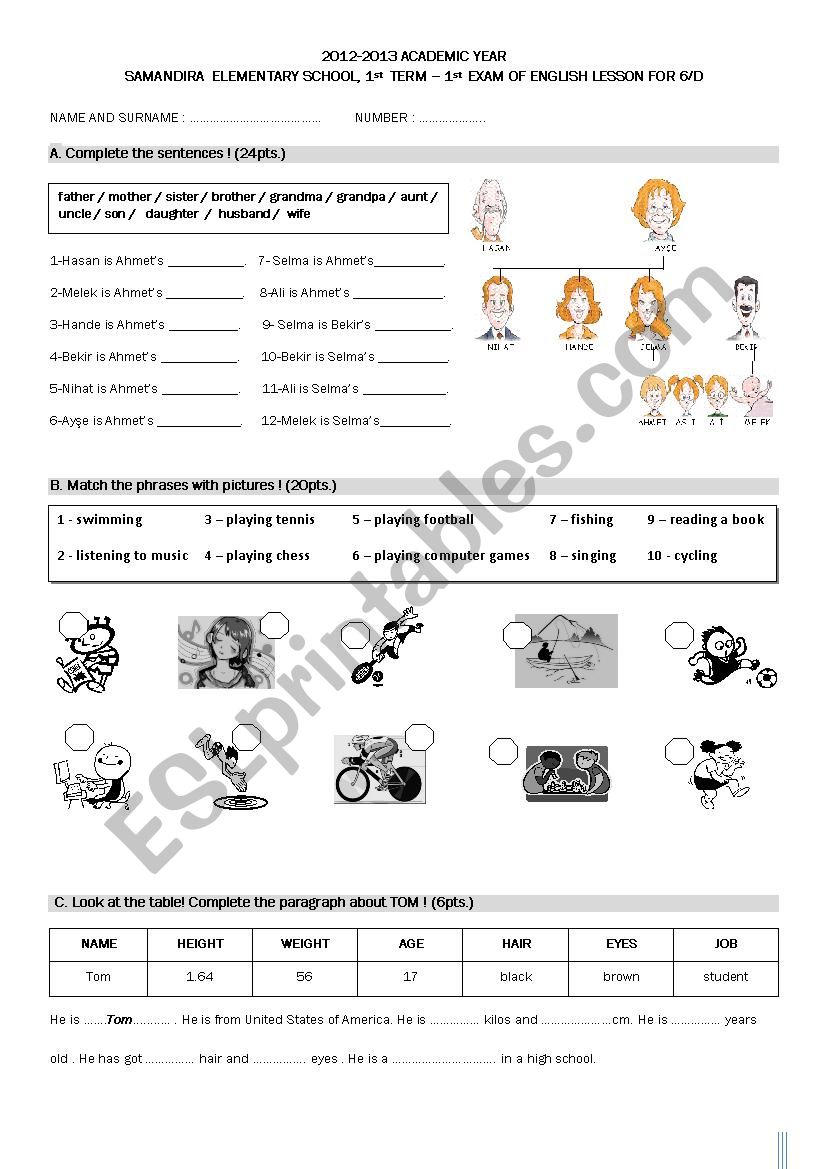 exam worksheet