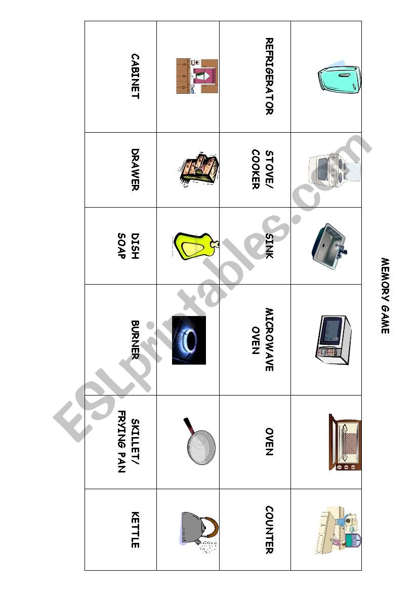 Kitchen vocabulary: memory game 