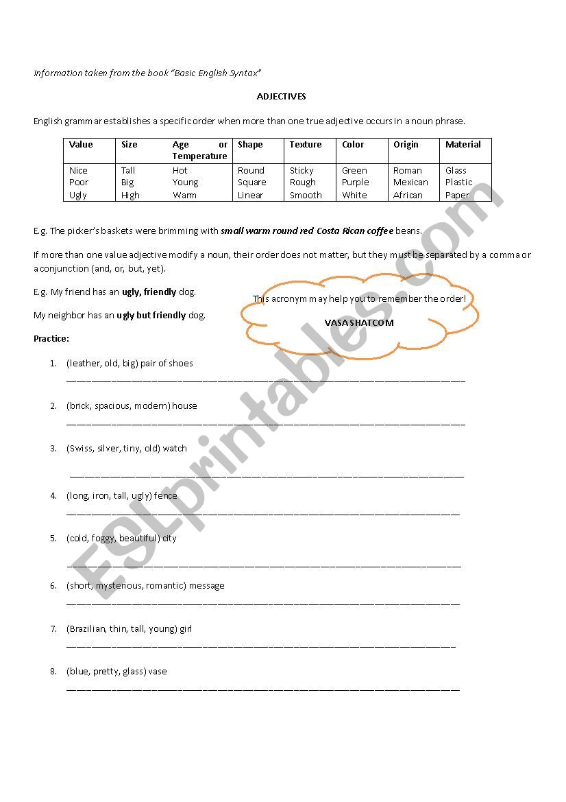 True Adjectives Order worksheet