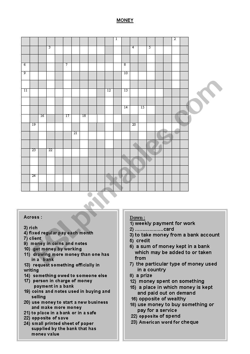 MONEY CROSSWORD worksheet