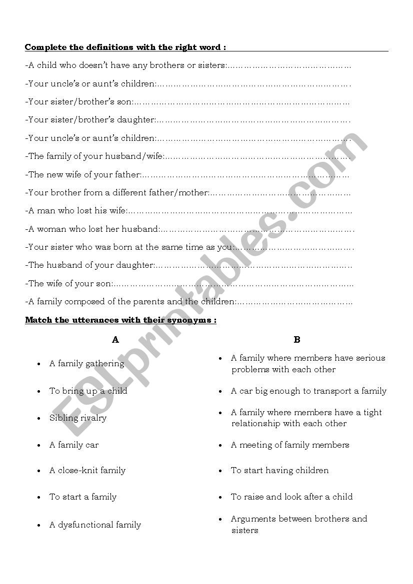Family relationships 9th form worksheet