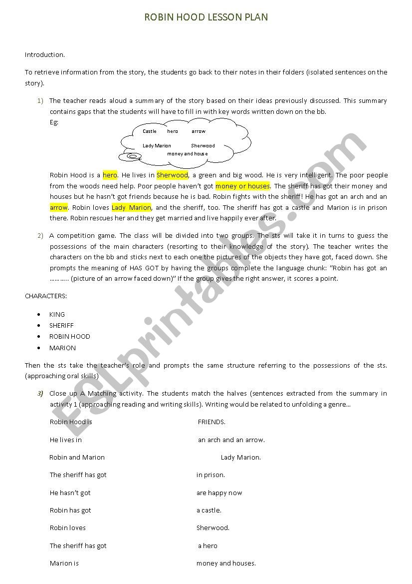 Robin Hood worksheet