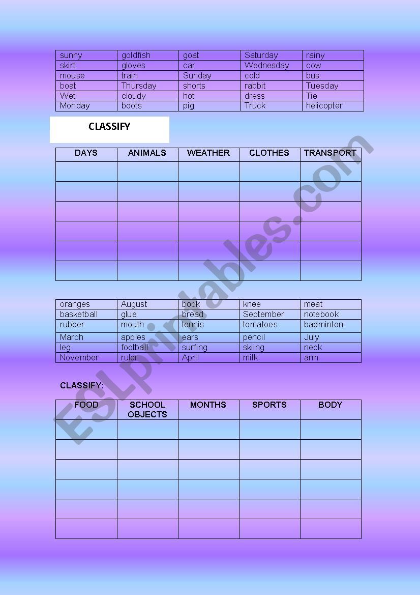 Classify words worksheet