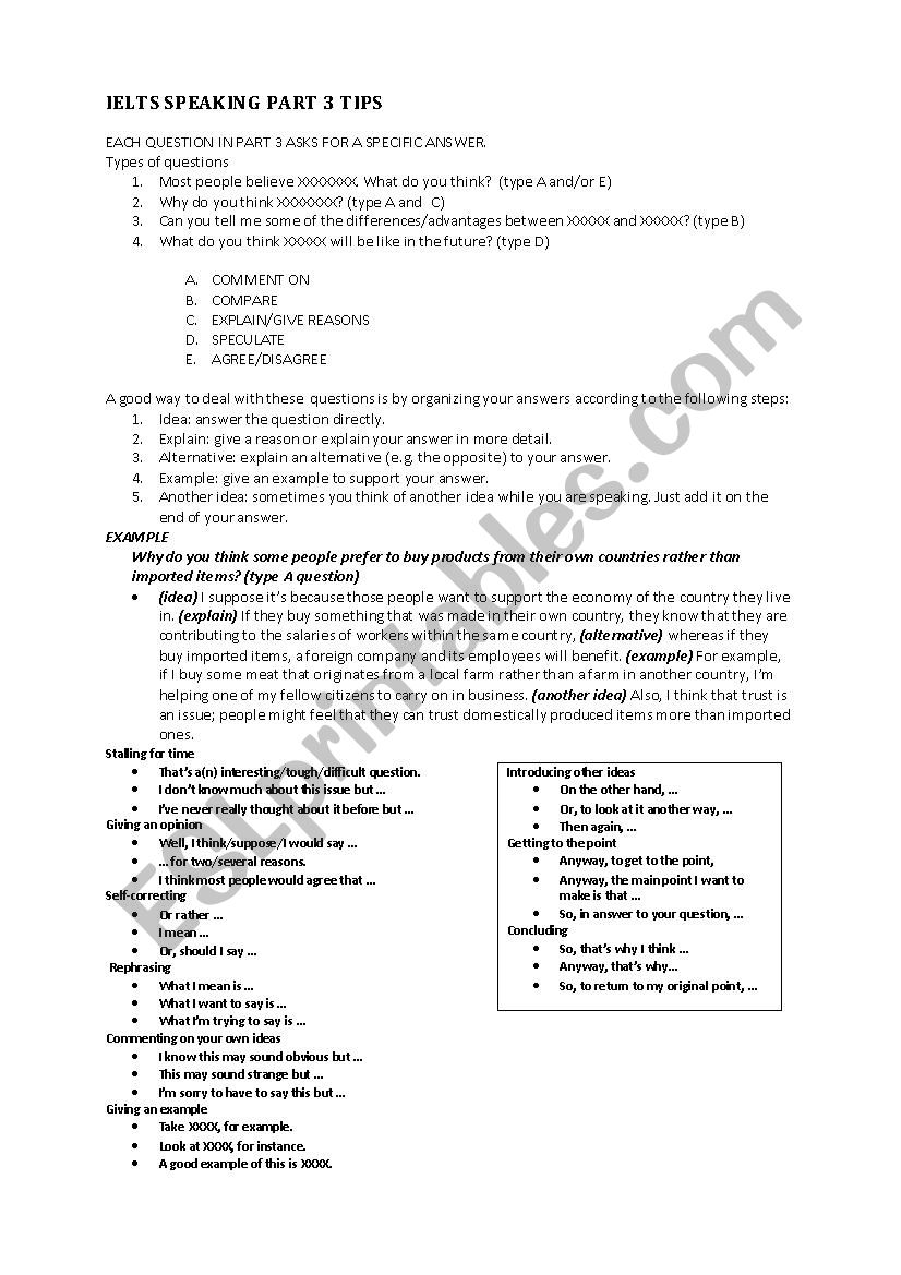 IELTS SPEAKING PART 3 TIPS worksheet