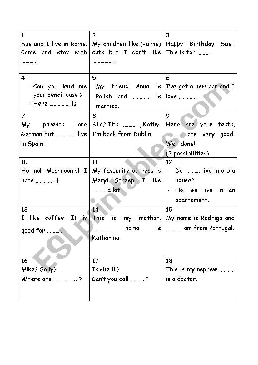 Subject and object pronouns Board game