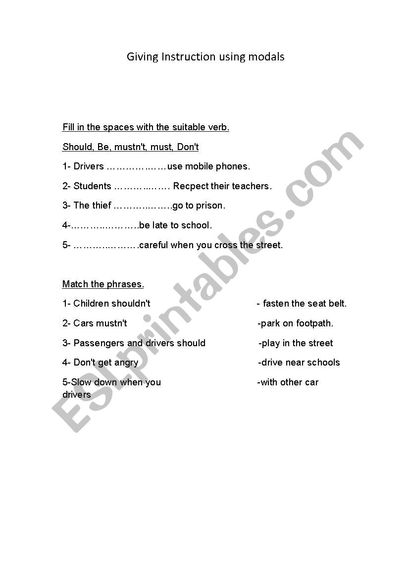 instructions using modals worksheet