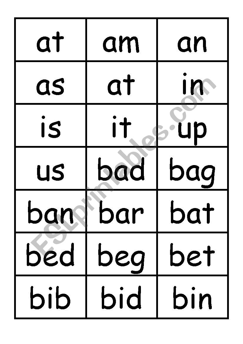 CVC words for matching game worksheet