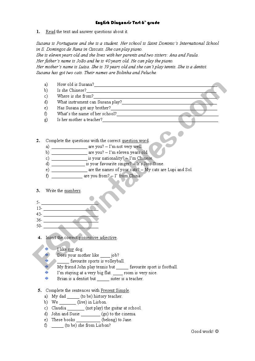 English Diagnosis Test 6th grade