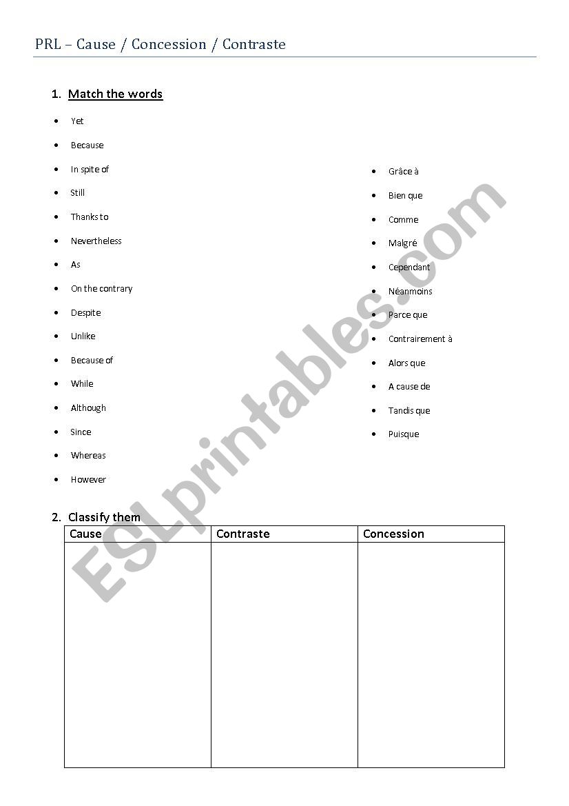 Cause- Concession-Contrast worksheet