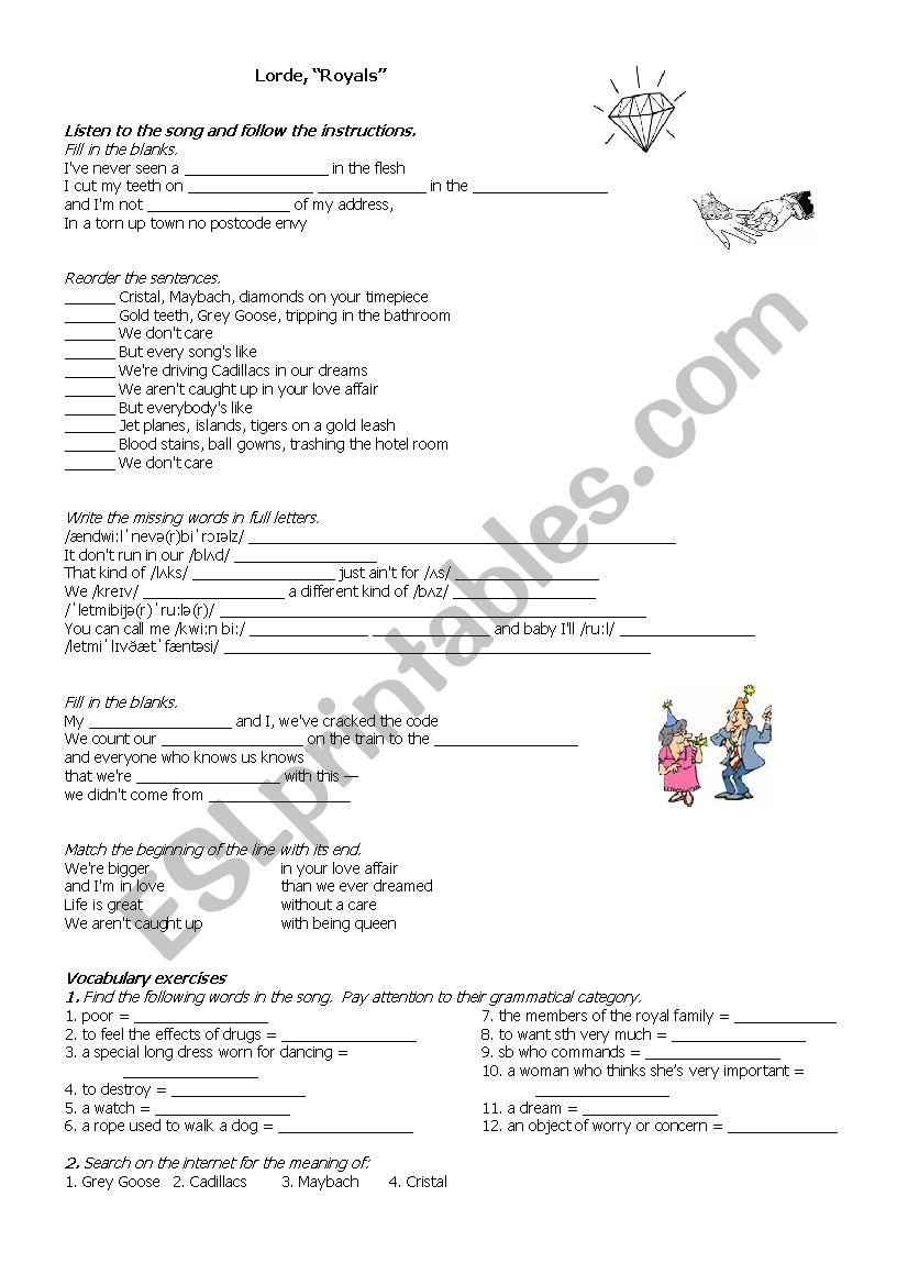 Lorde Royals worksheet