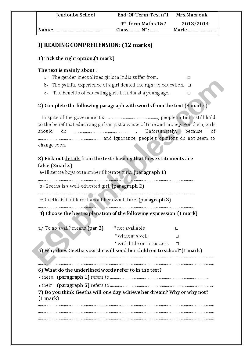 End of term test for 4th formers. Term 1