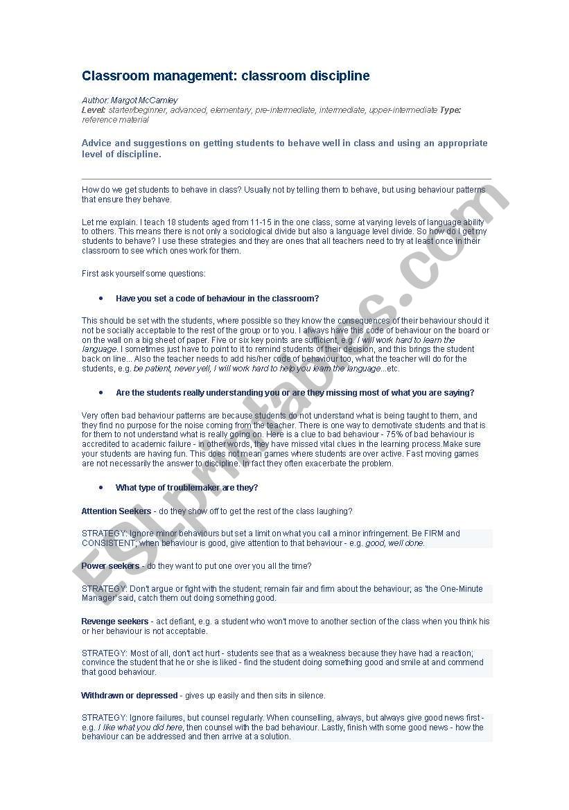 classroom management worksheet