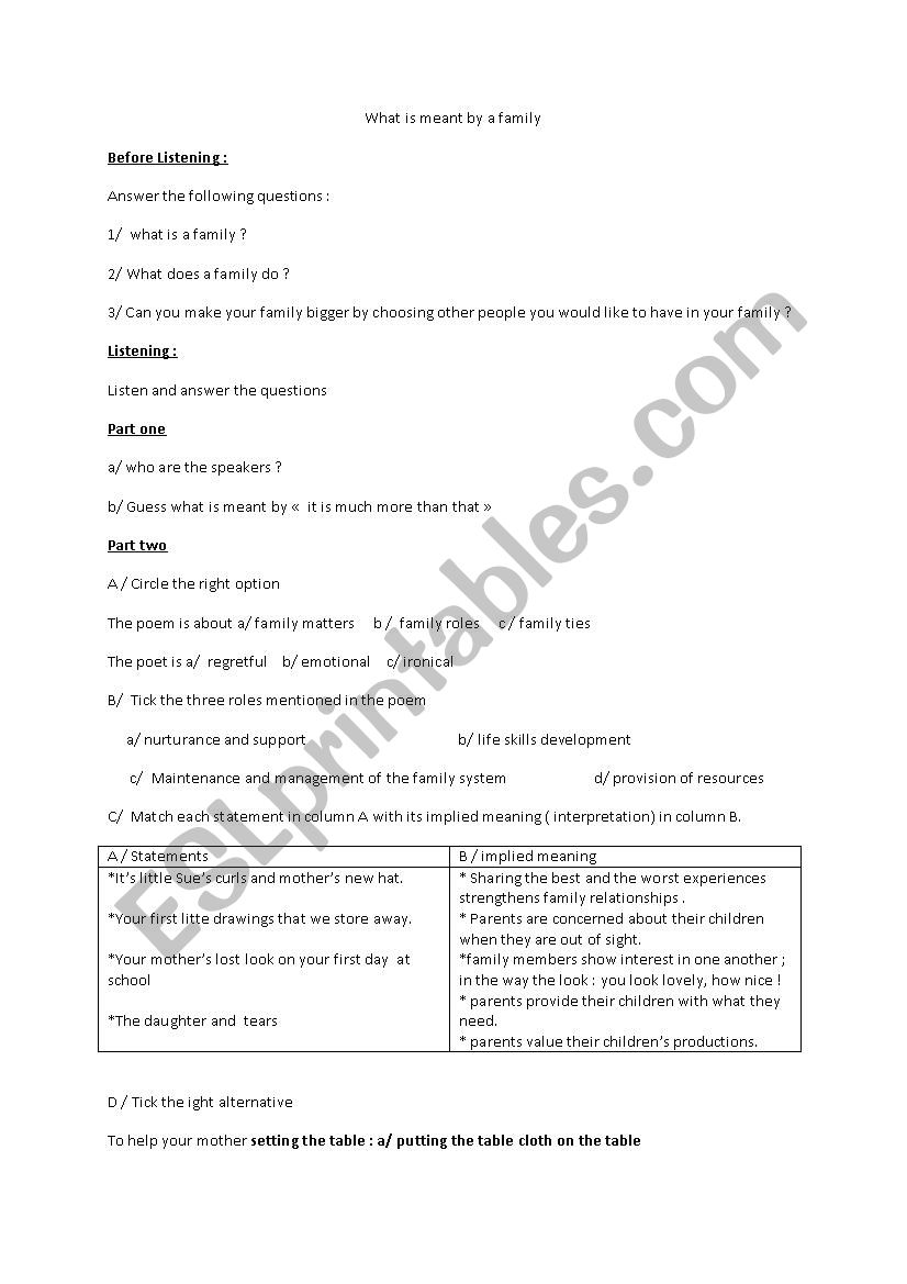 family life worksheet