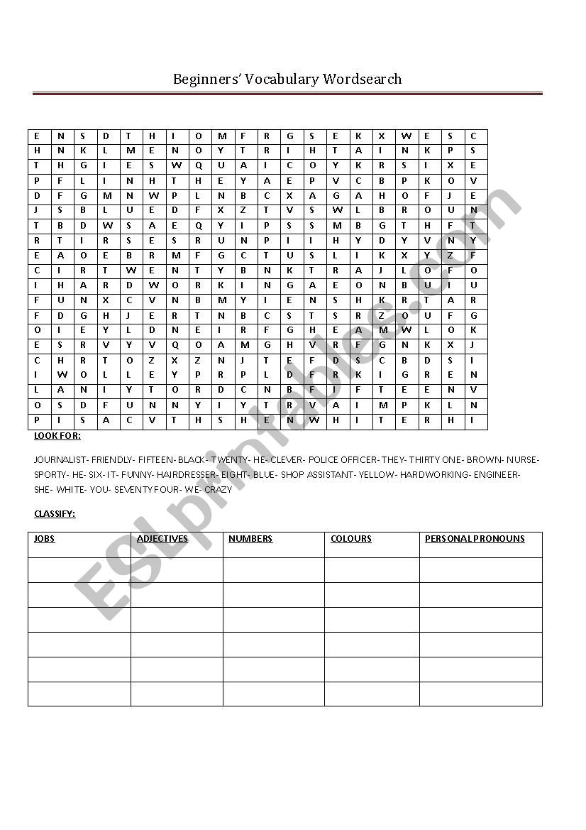 Wordsearch for beginners worksheet