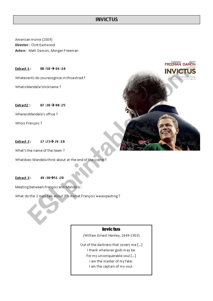 Studying a movie: INVICTUS worksheet