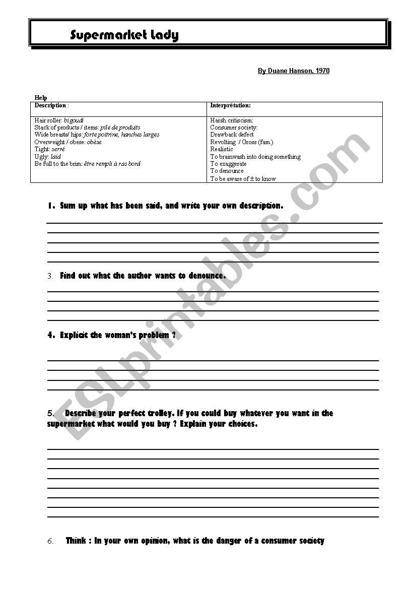 Supermarket lady worksheet