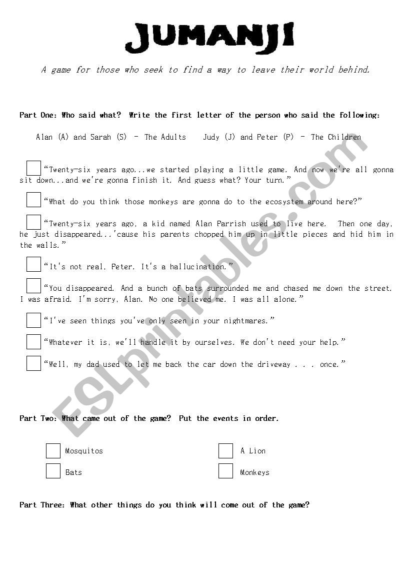 Jumanji (movie) worksheet