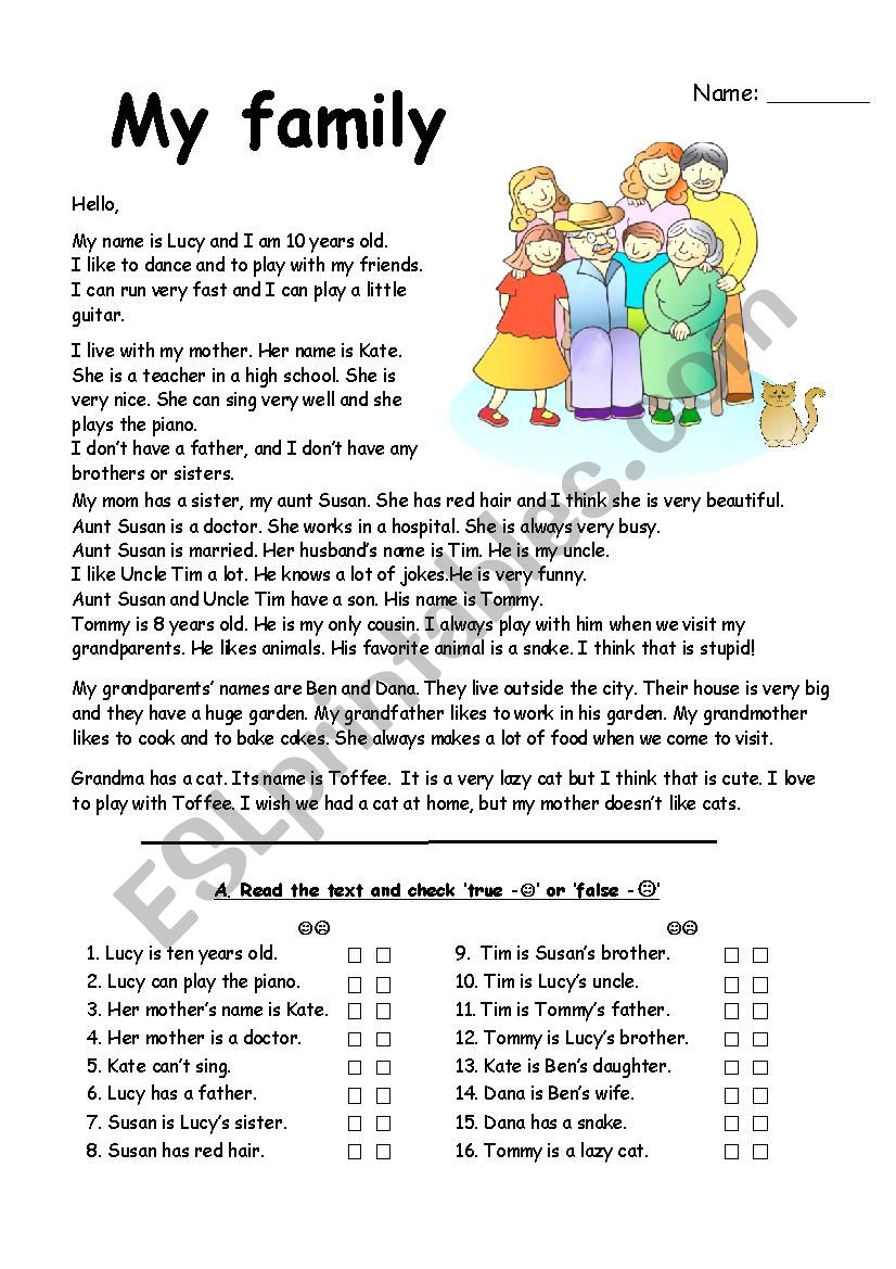 family reading comprehension with exercises