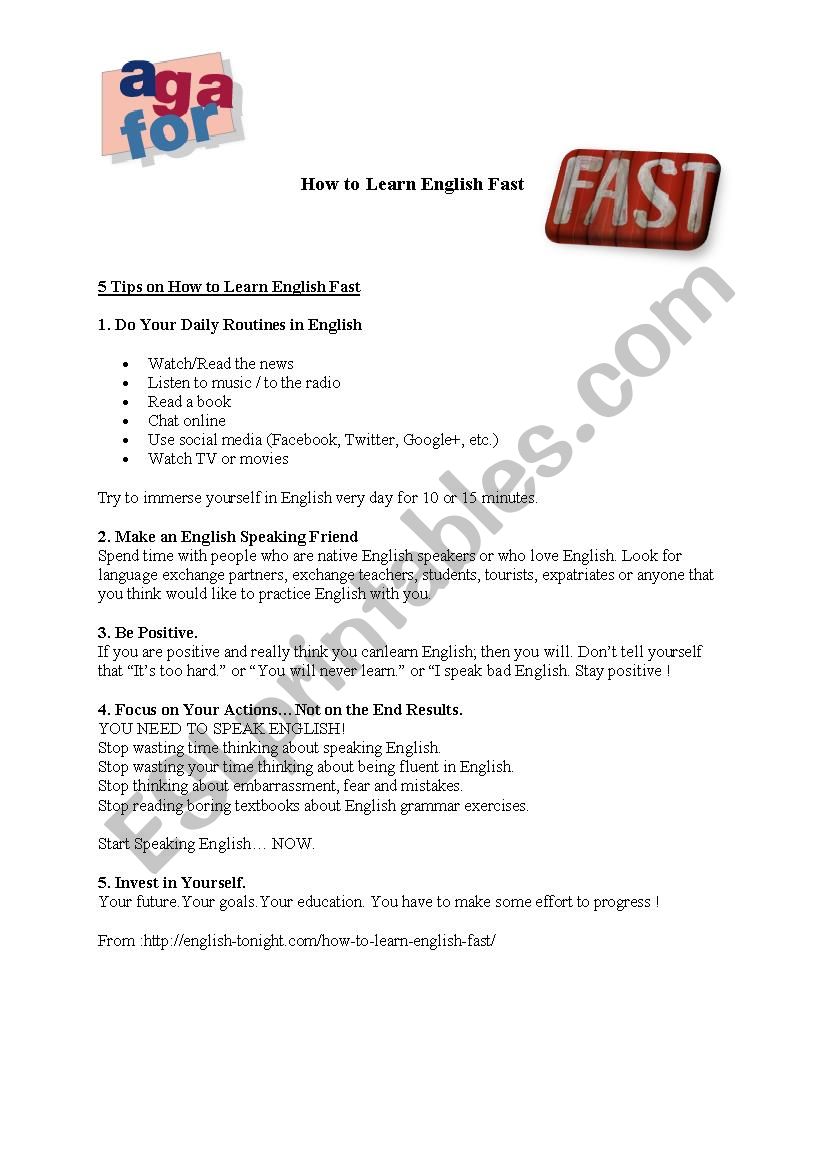 How to learn English Fast worksheet