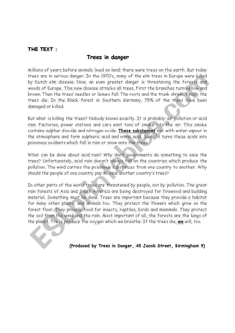 Trees in danger worksheet