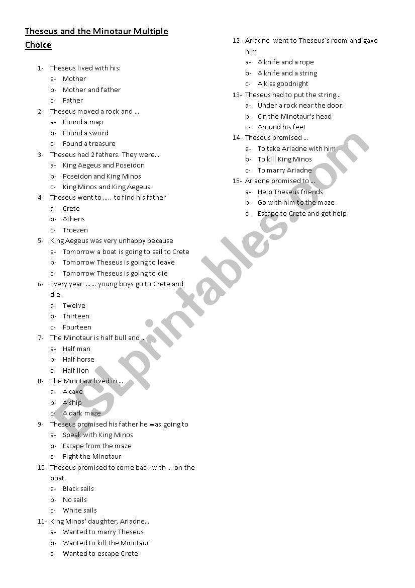 Theseus and the Minotaur worksheet