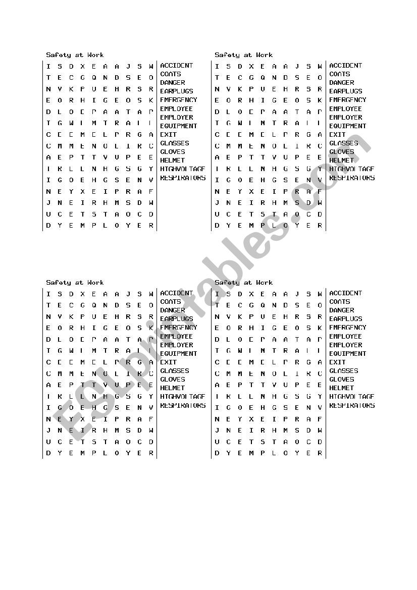 Safety at Work Wordsearch worksheet