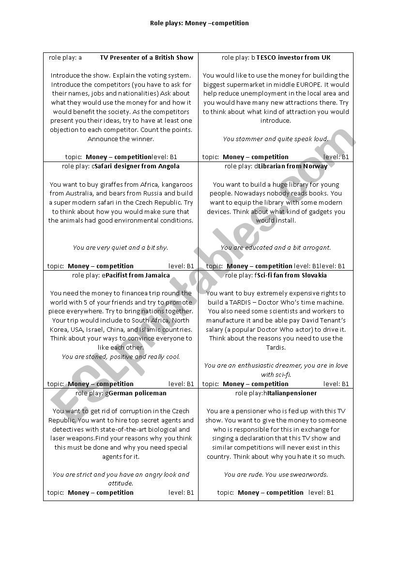 Money - TV Show Competition worksheet