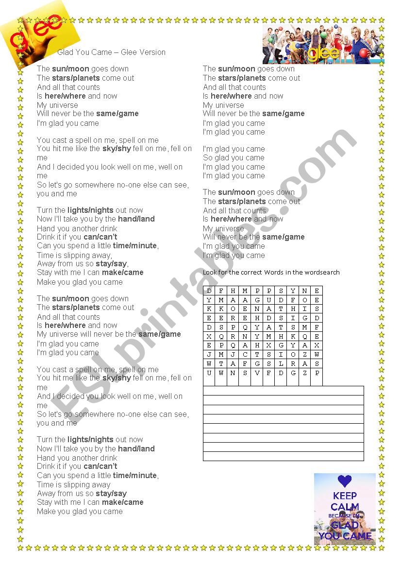 Glad You Came - Glee worksheet