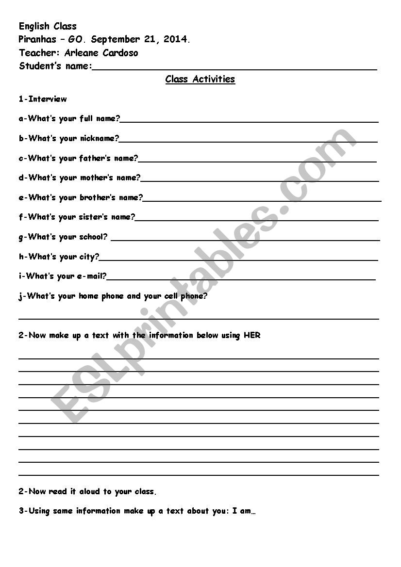 Personal Information worksheet