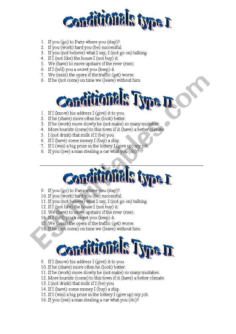 conditional type I and II worksheet