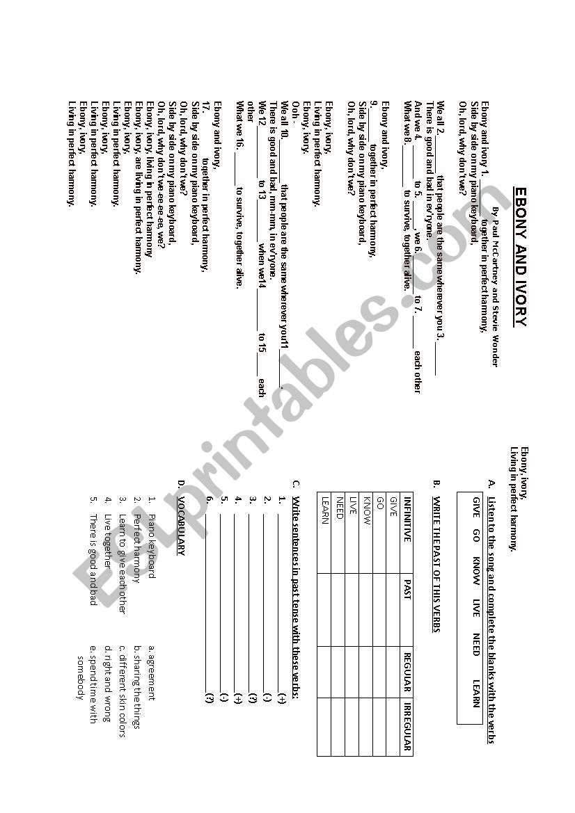  SONG: EBONY AND IVORY  worksheet